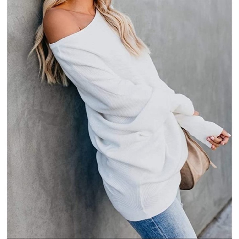 Women's White Off Shoulder Batwing Sweater SMALL